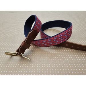 Leather Man LTD Essex CT USA Canvas Leather Fish Belt Mens Sz 32 Red Swordfish